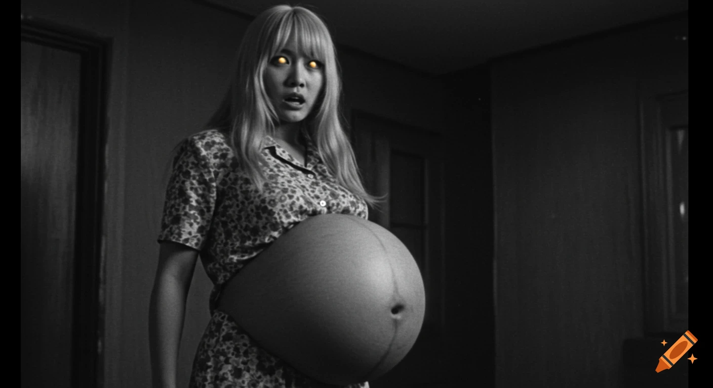 Black and white photo of a pregnant woman with blonde hair and glowing yellow eyes, her impossibly large belly prominent.