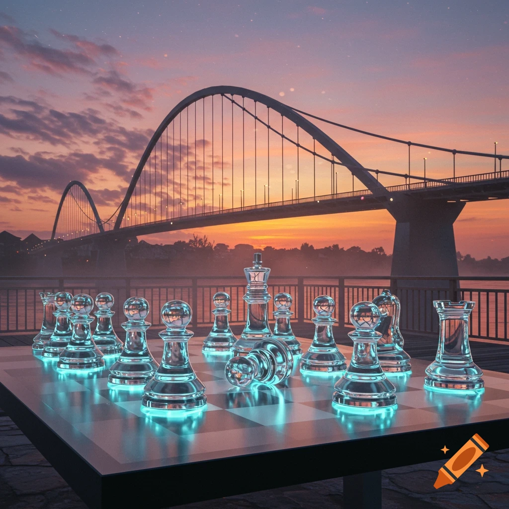 Photorealistic rendering of glowing glass chess pieces on a board with a large bridge and a vibrant sunset sky in the background.