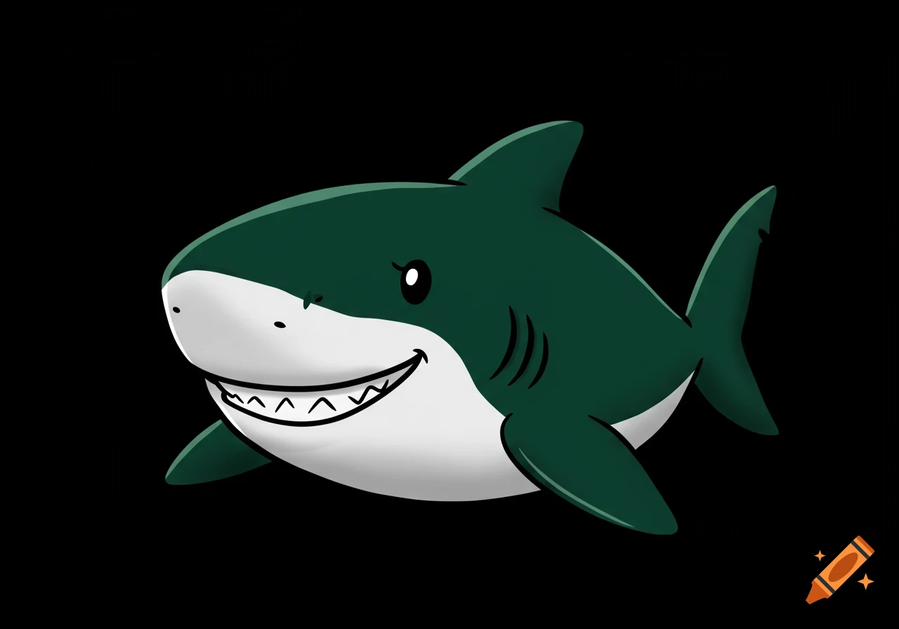 A dark green and white cartoony shark smiling against a black background.