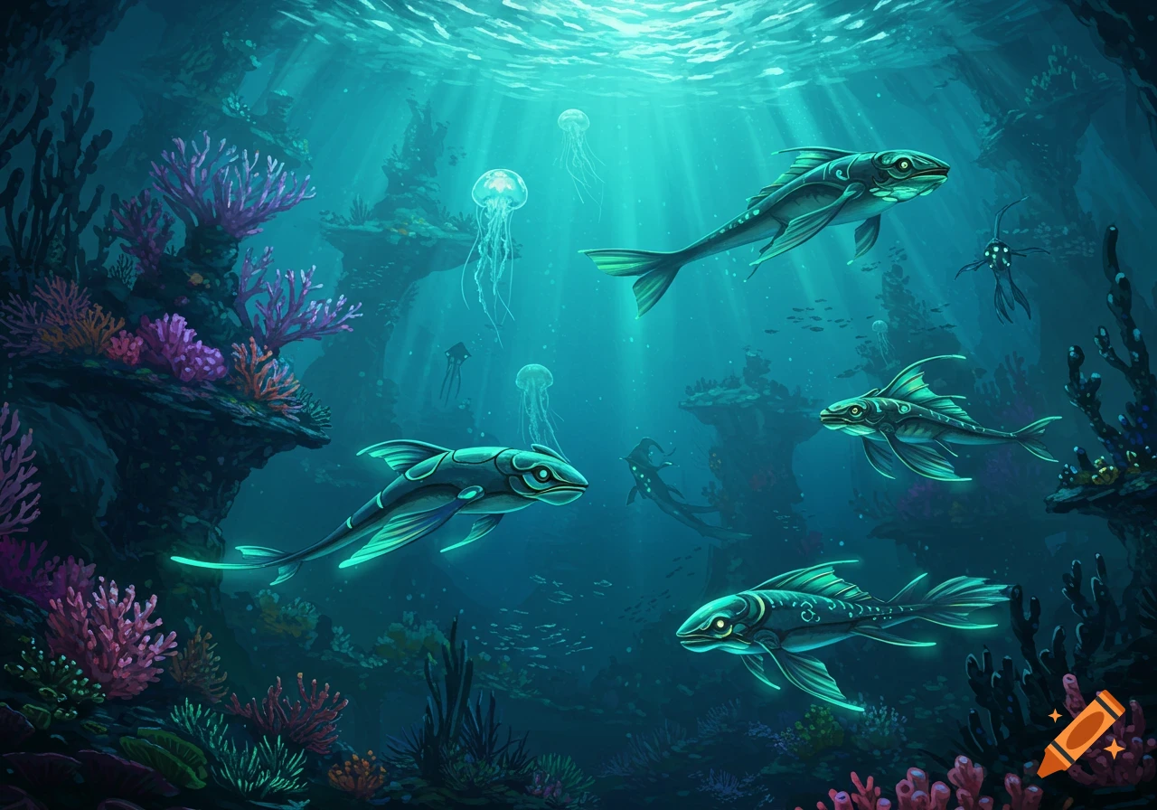 A vibrant underwater scene with glowing, stylized fish, jellyfish, and colorful coral reefs, illuminated by light rays from the surface.