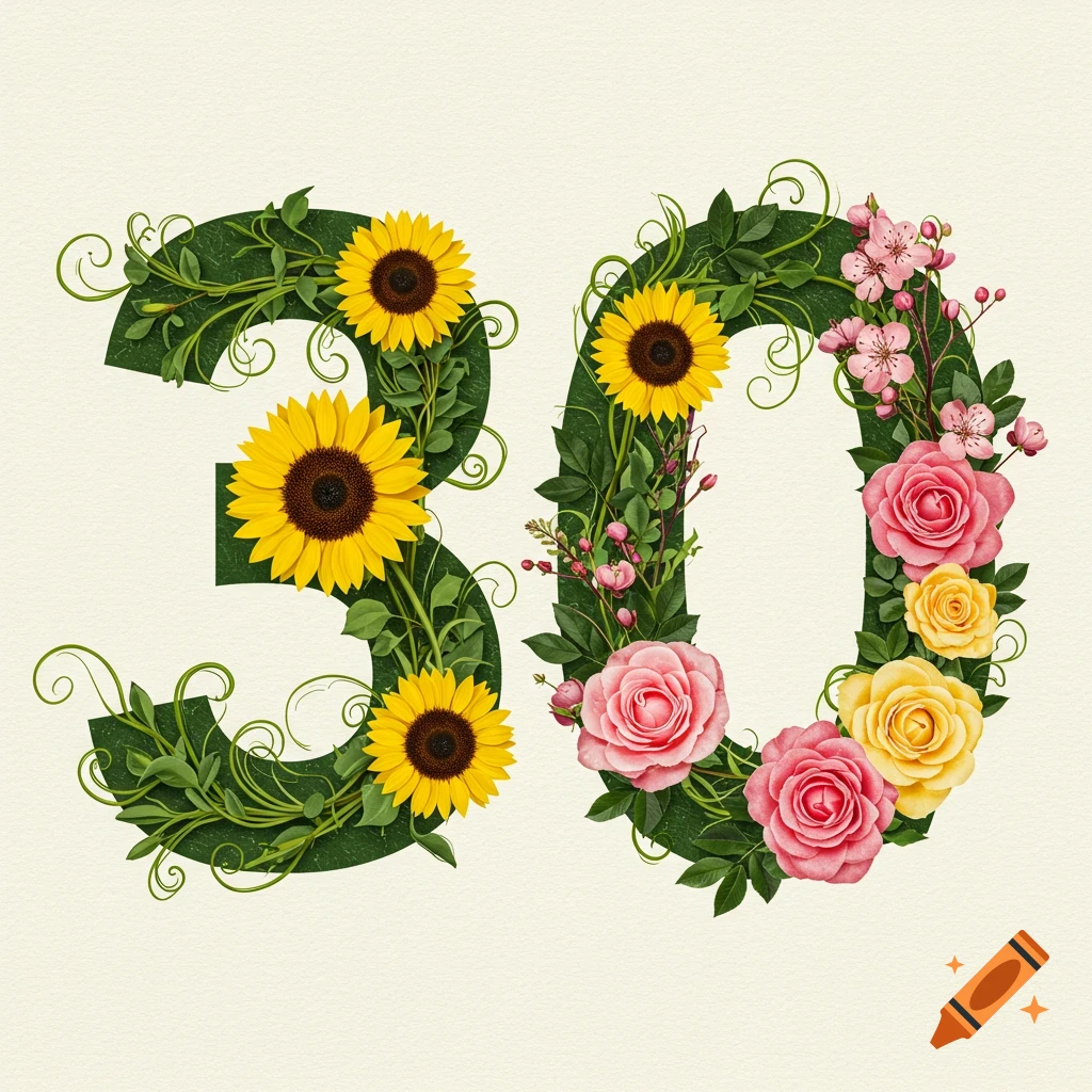 The number 30 formed by green foliage, yellow sunflowers, pink, and yellow roses on a cream background.