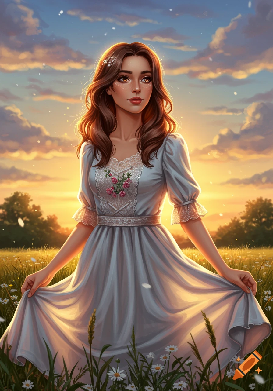 A beautiful woman with long brown hair in a light blue dress stands in a sunny field at sunset, a digital painting.