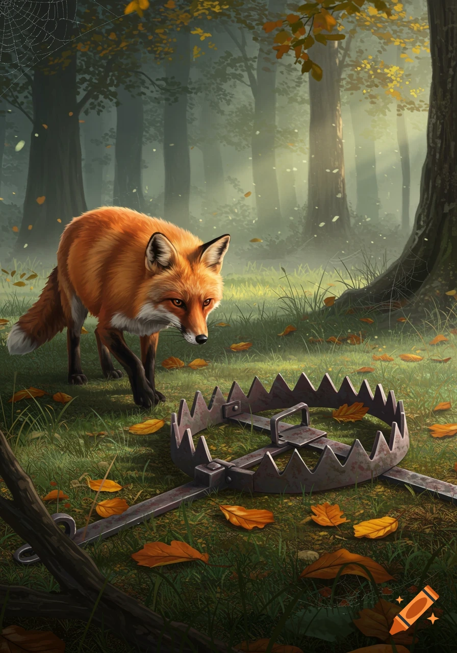 An orange fox cautiously approaches a metal trap set on the grass in a misty autumn forest with fallen leaves.