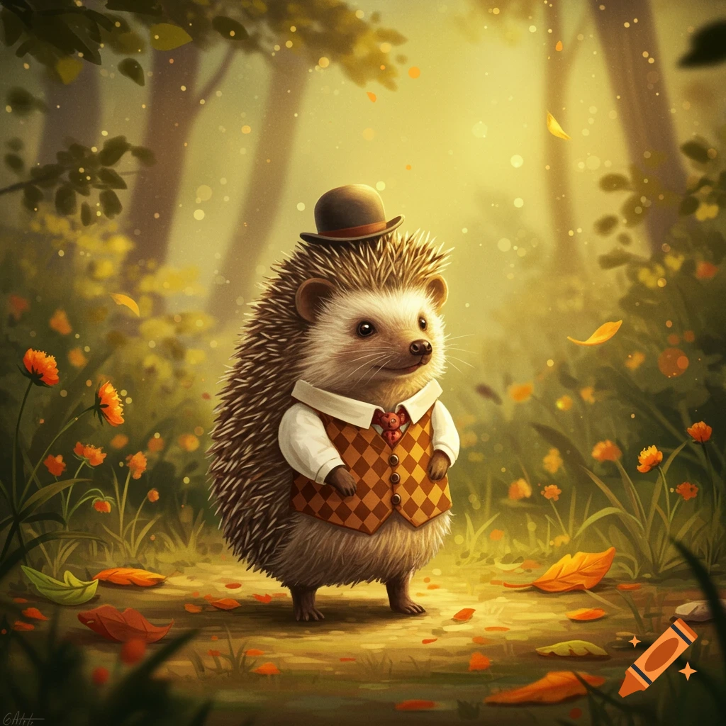 A cute hedgehog in a brown checkered vest and bowler hat stands in a sunlit autumnal forest with falling leaves.