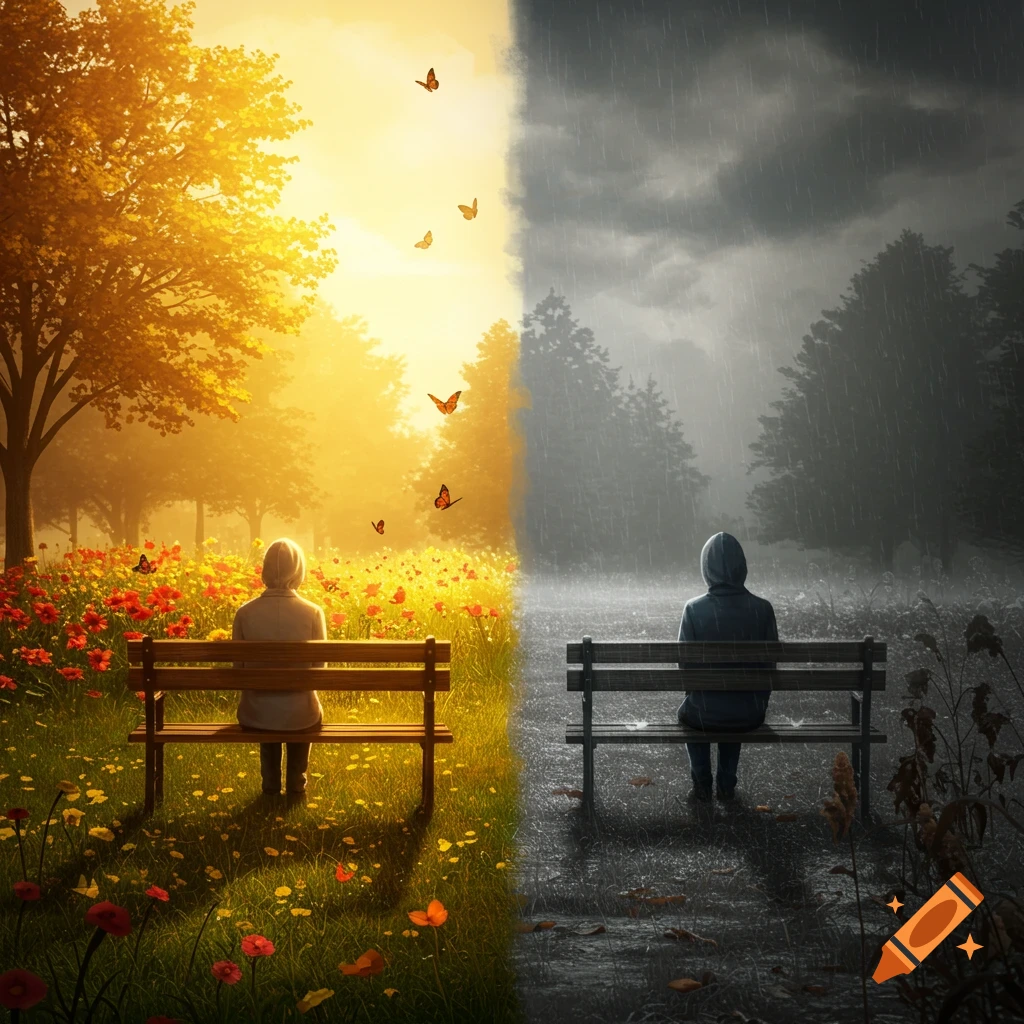A split image showing a bright, sunny field with a person on a bench on the left, and a gloomy, rainy version with a person on a bench on the right, symbolizing contrast.
