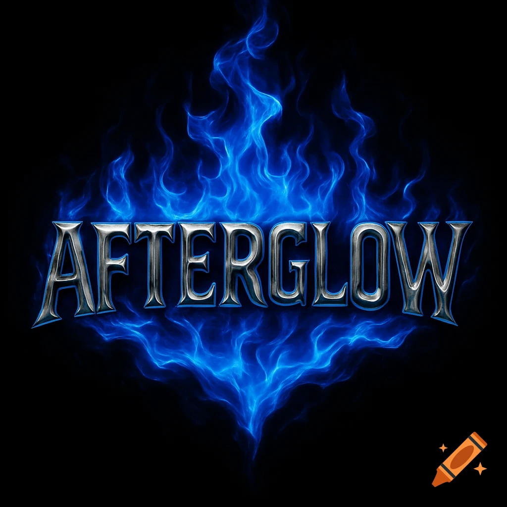 A metallic silver text spelling AFTERGLOW, surrounded by vibrant blue flames on a black background.