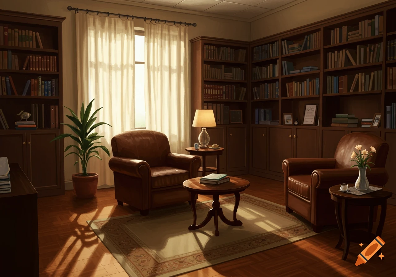 A warm, cozy room with two brown leather armchairs, wooden bookshelves filled with books, and sunlight streaming through sheer curtains.