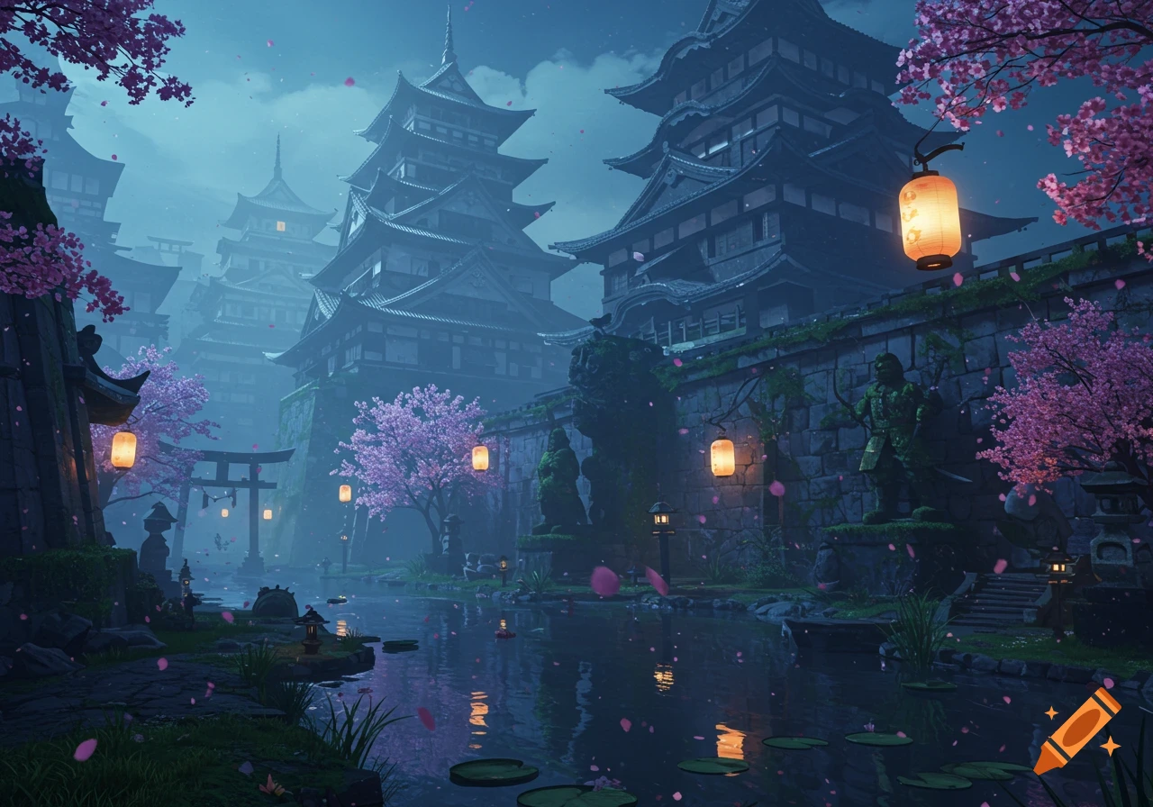 A misty nighttime view of multiple dark, multi-tiered Japanese castles, surrounded by pink cherry blossom trees and a tranquil river with floating petals and lanterns.
