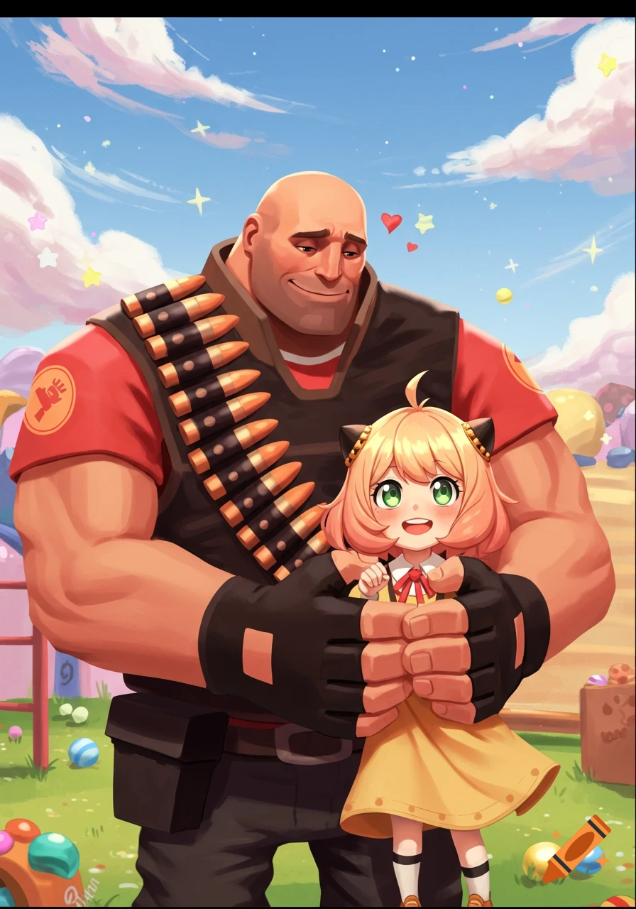 Heavy from Team Fortress 2 gently hugs Anya Forger from Spy x Family in a whimsical, colorful cartoon playground setting.