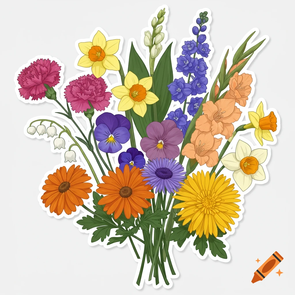 A vibrant, stylized sticker illustration of a diverse flower bouquet featuring daffodils, carnations, violets, lilies of the valley, gladiolus, and daisies.