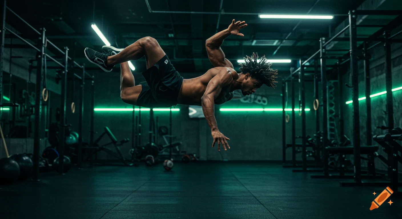 A muscular black man with dreadlocks in black shorts is suspended mid-air in a gym, striking a dynamic pose.