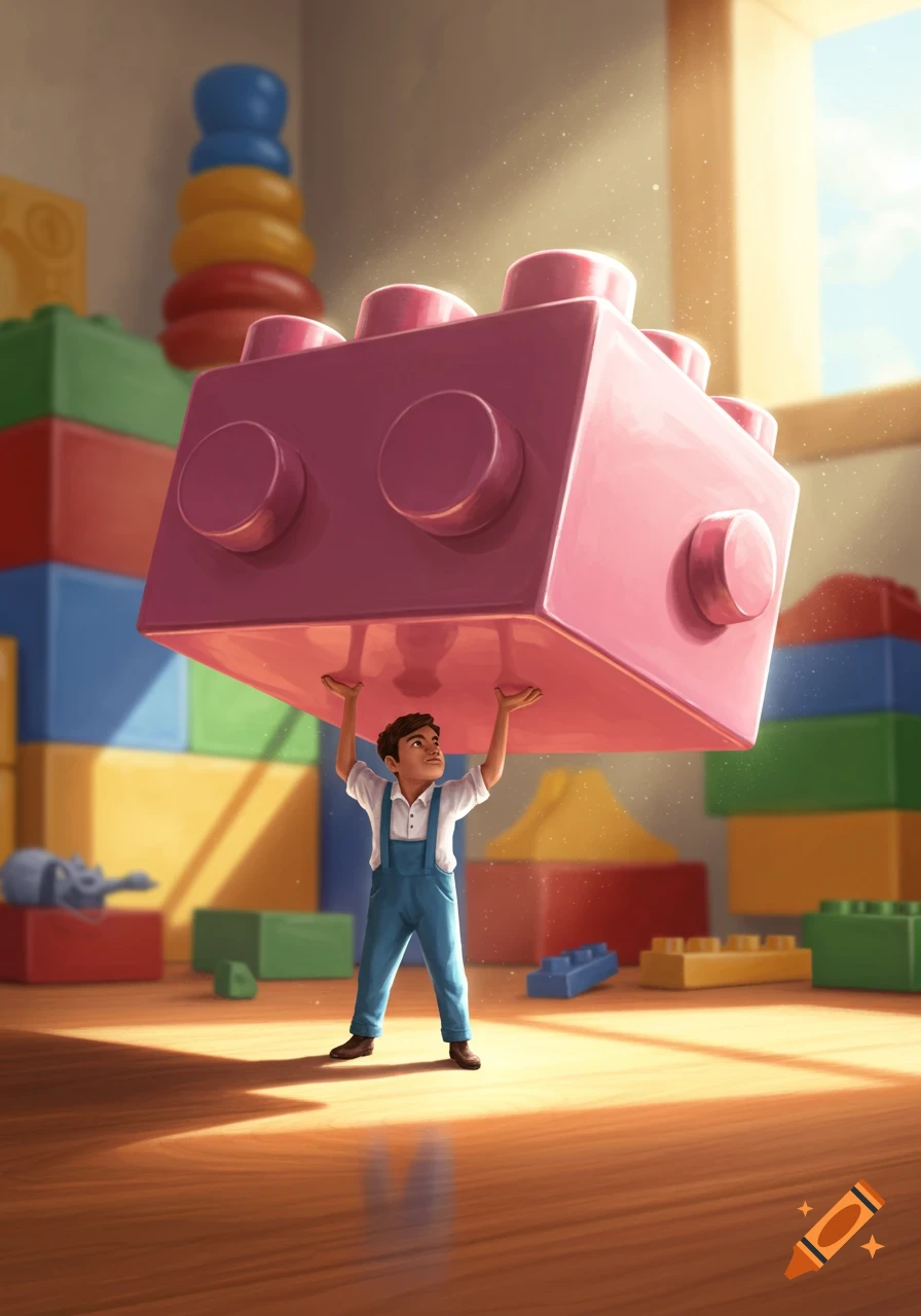 A young boy holding a giant pink building block in a playroom filled with colorful blocks.