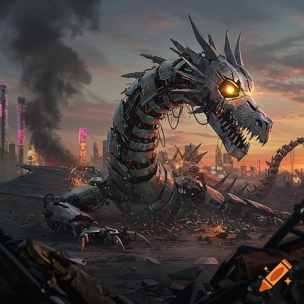 A massive, metallic animatronic dragon lies damaged amidst the rubble of a futuristic cityscape under a smoky, orange sunset. Its yellow eyes glow.