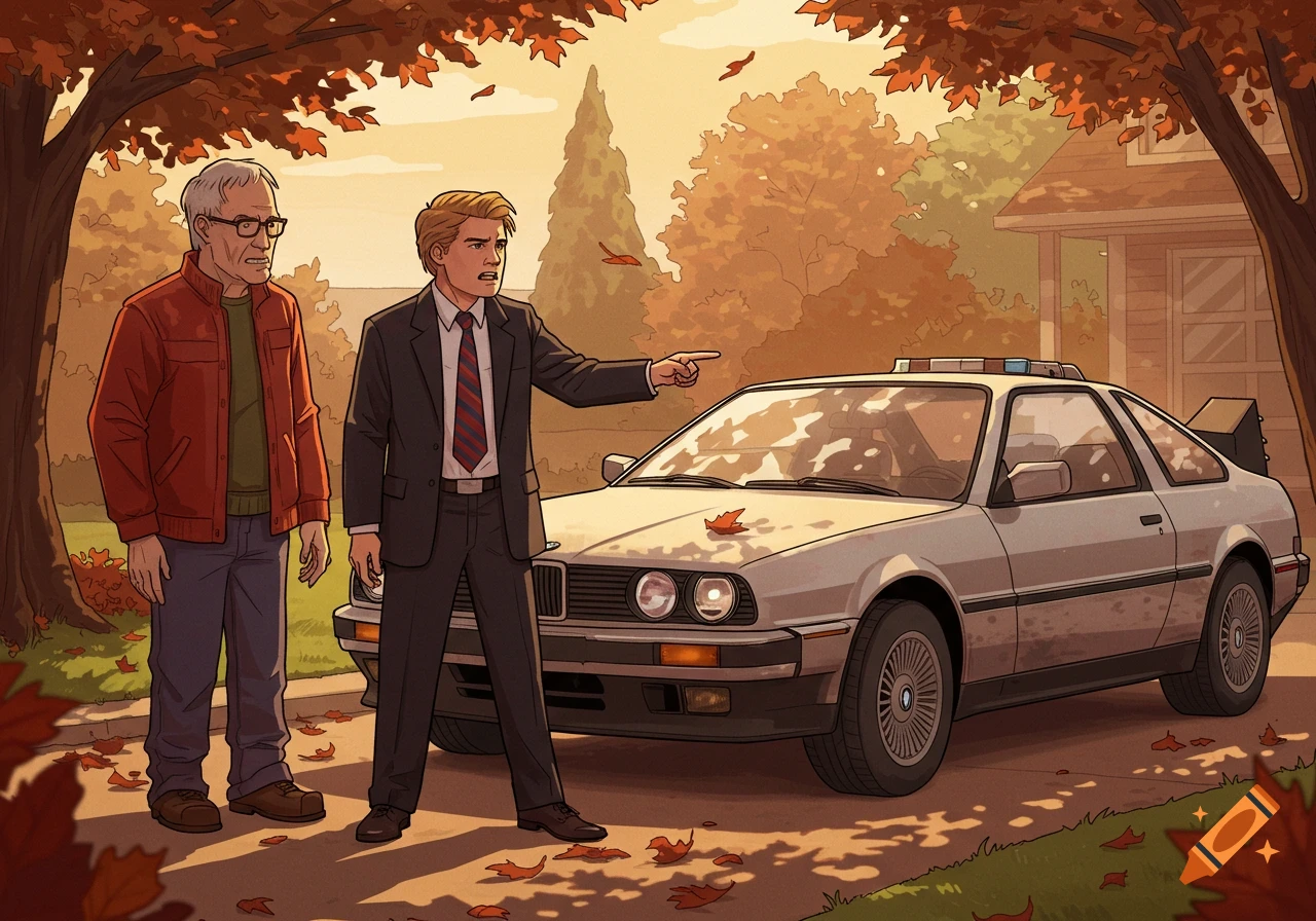 An older man in a red jacket and a younger man in a suit pointing, standing next to a silver DeLorean car in an autumn setting.