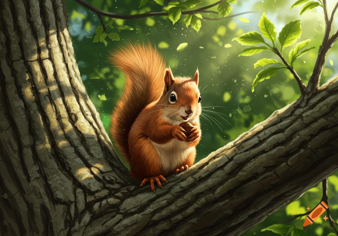 A cute brown squirrel with a bushy tail sits on a tree branch, holding a nut. Bright green leaves and dappled sunlight are in the background.