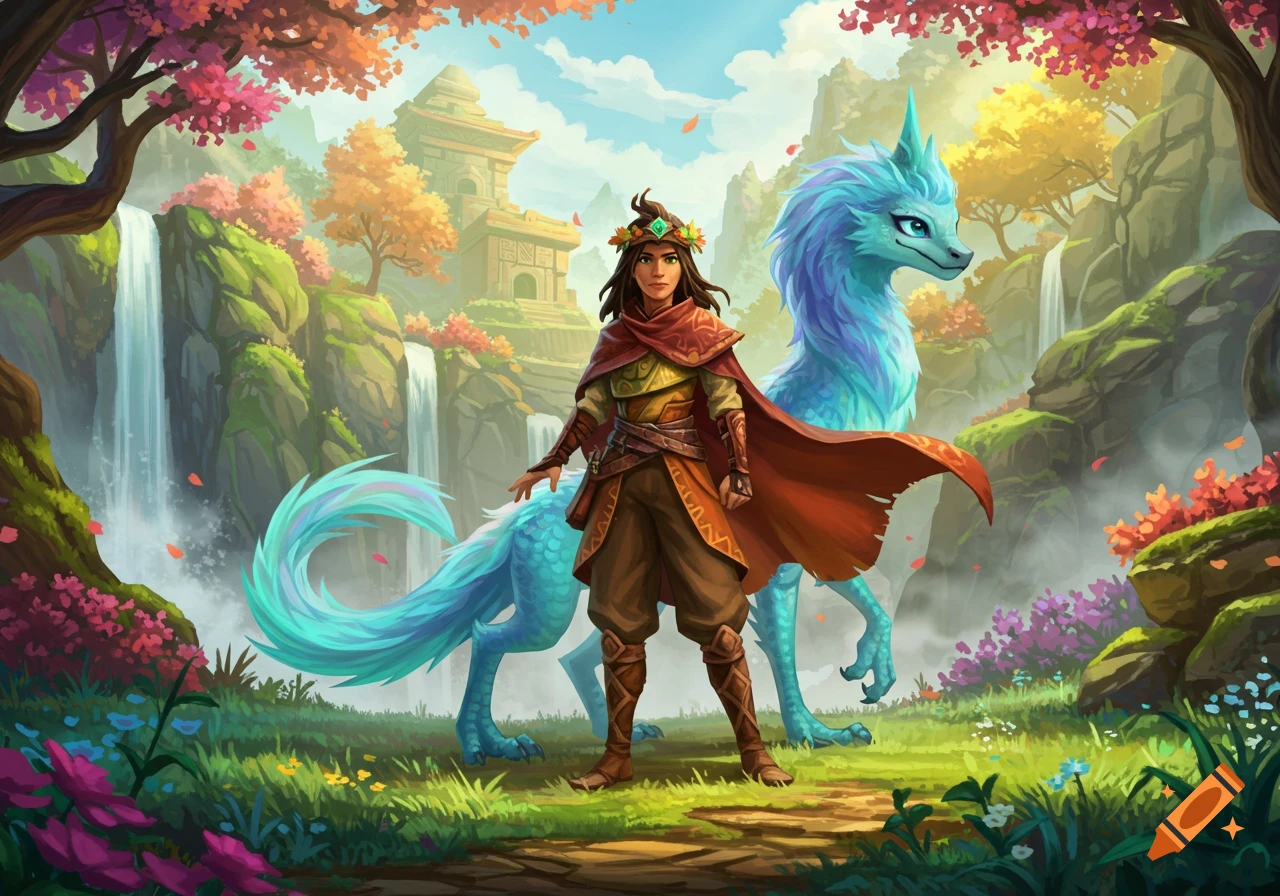 A vibrant fantasy illustration of a young person in a red cloak standing with a blue furry dragon-like creature in a lush landscape with waterfalls and a temple.