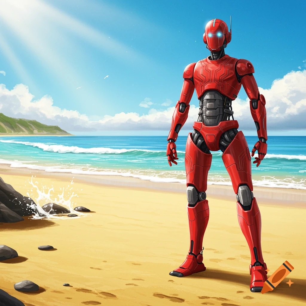A red humanoid robot stands on a sunny beach with waves crashing in the background and green hills in the distance.