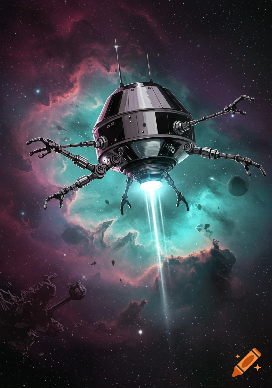 A detailed illustration of a robotic probe with multiple arms, emitting a blue light beam, floating in a colorful cosmic nebula.