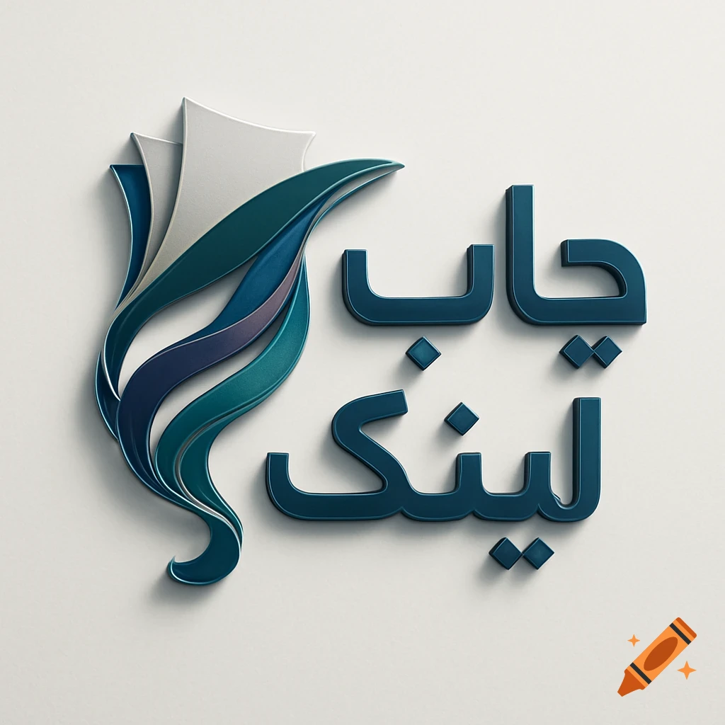 A modern 3D logo featuring the Arabic text ""چاپ لینک"" in dark teal, accompanied by a stylized, multi-layered design resembling paper or leaves in shades of white, teal, and blue.