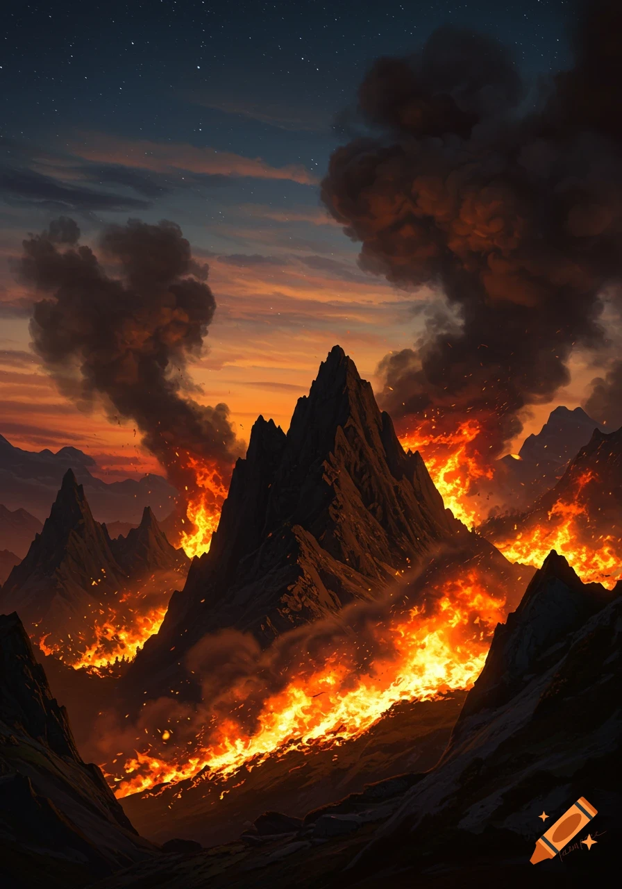 Dramatic landscape of dark mountains engulfed in bright orange fire and thick smoke under a twilight sky with stars.