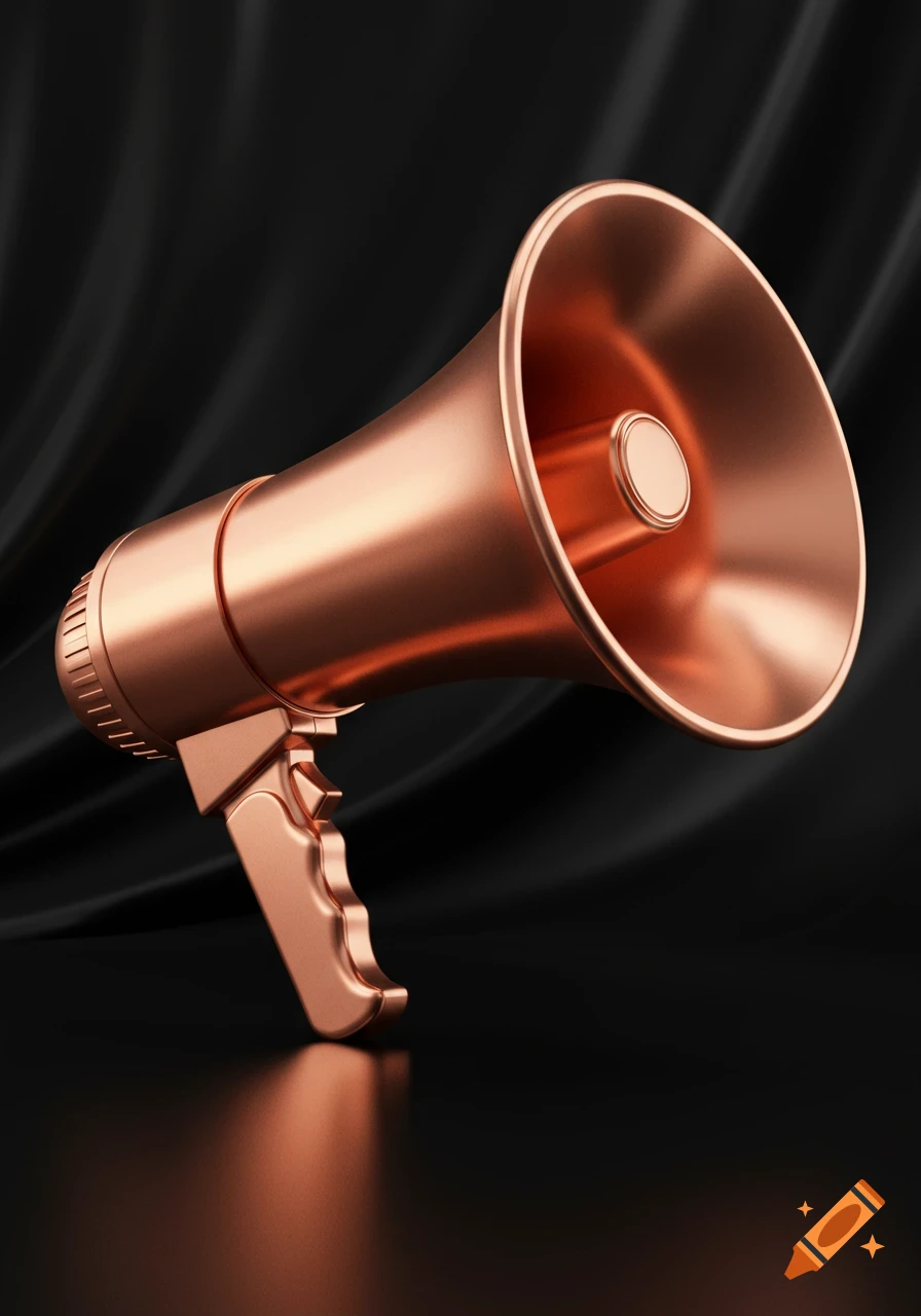 A rose gold megaphone against a dark, draped background.