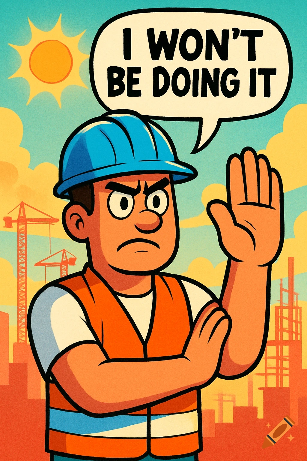 A cartoon illustration of an angry construction worker in a hard hat holding up a hand, with a speech bubble saying 'I WON'T BE DOING IT'.