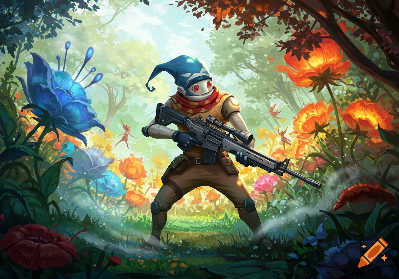 A cartoonish character with a blue hat and red scarf holds a rifle in a vibrant fantasy forest with large glowing flowers and tiny fairies.