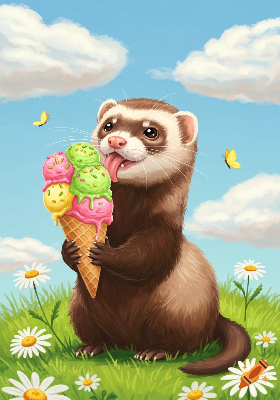 A cute cartoon ferret happily licks a large, colorful ice cream cone in a grassy field with daisies and butterflies under a blue sky.