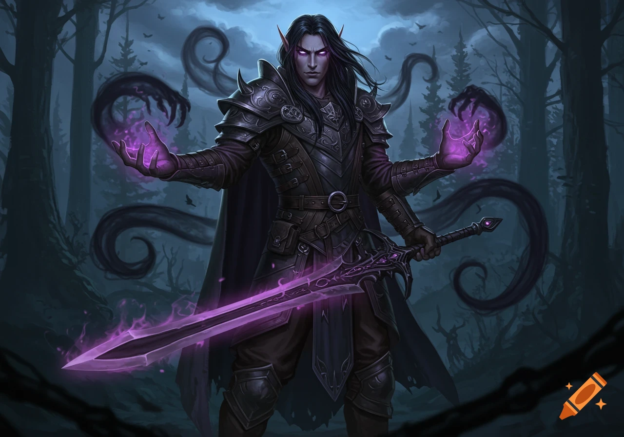 A male dark elf warlock in armor with long black hair wielding a glowing purple sword and casting magic in a dark forest.