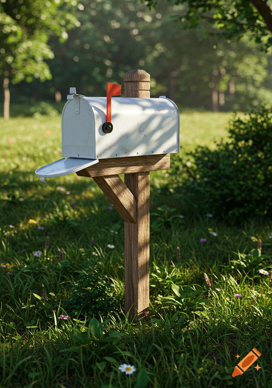 A photorealistic white mailbox on a wooden post in a sunlit grassy field with wildflowers.