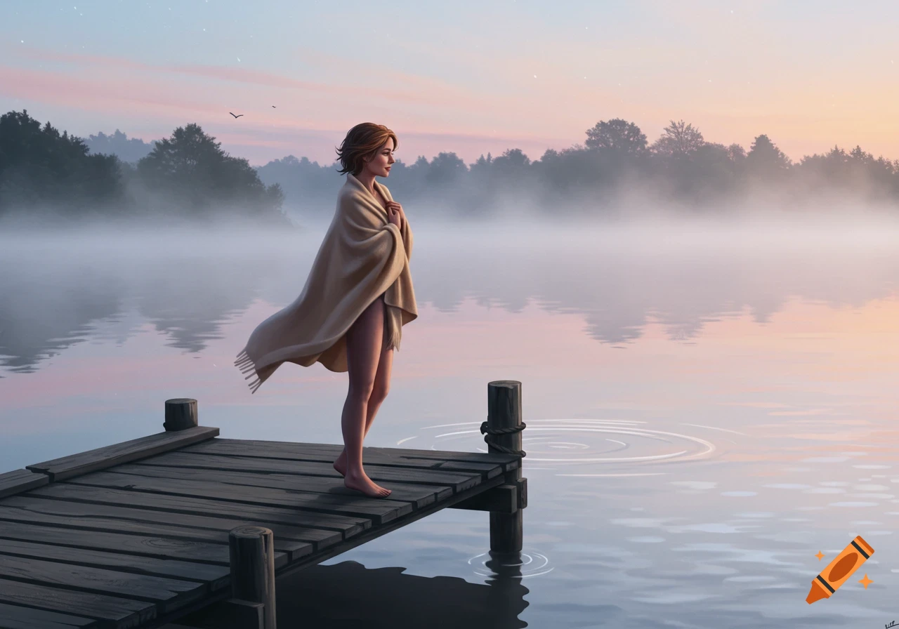 A woman wrapped in a blanket stands on a wooden dock overlooking a misty lake at dawn with a forest in the background.