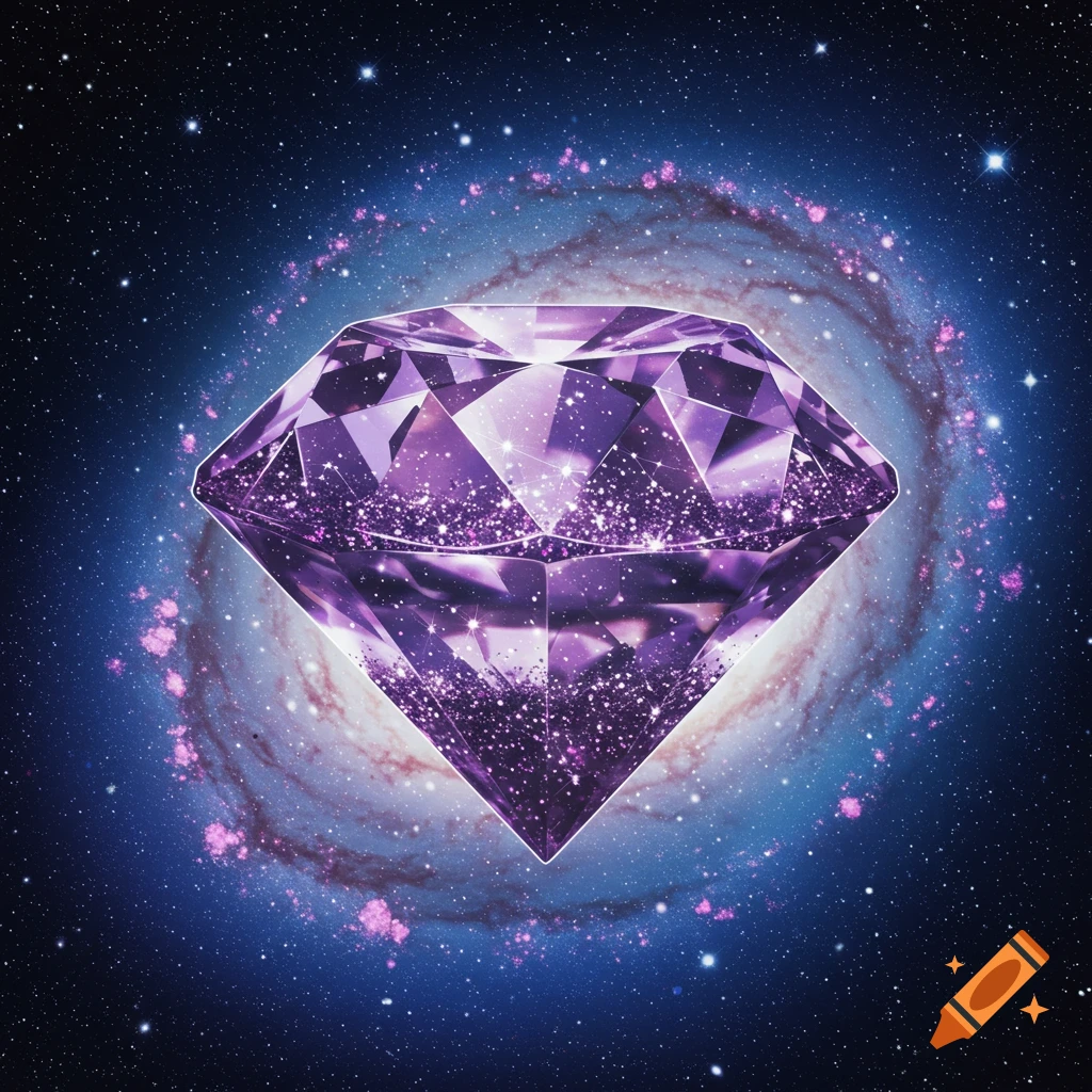 A sparkling purple diamond with glitter inside floats in front of a colorful spiral galaxy and stars.