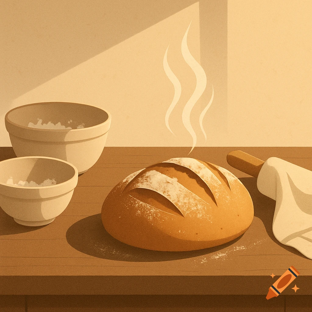 A warm, stylized illustration of a fresh loaf of bread on a wooden table with two bowls of flour and a rolling pin.