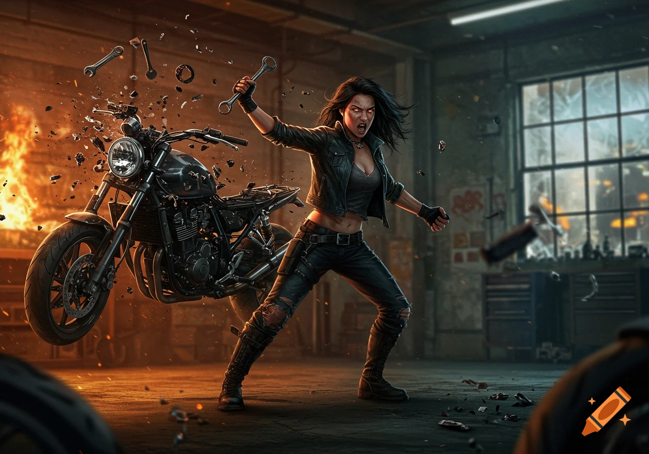A furious woman with glowing red eyes smashes a motorcycle with a wrench in a fiery garage, pieces flying. Action art.
