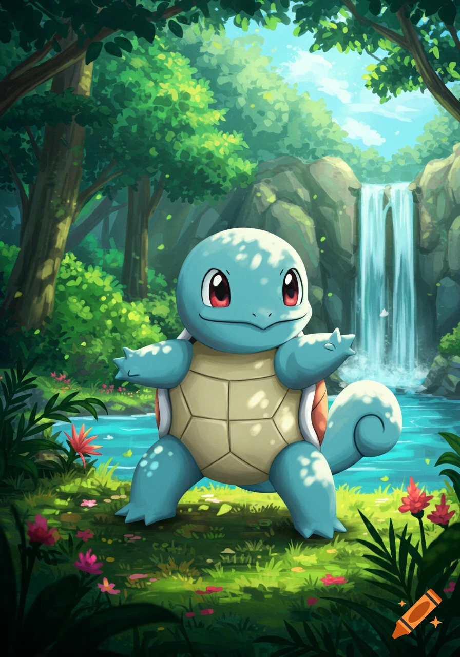 A cartoon Squirtle stands in a vibrant, lush green forest with a waterfall in the background.