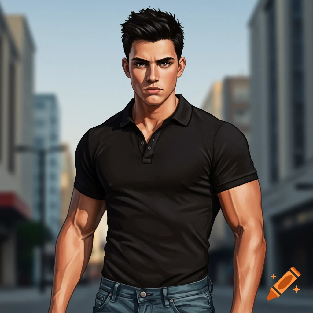 A strong, young man with spiky black hair and a black polo shirt stands stoically in a blurred city street.