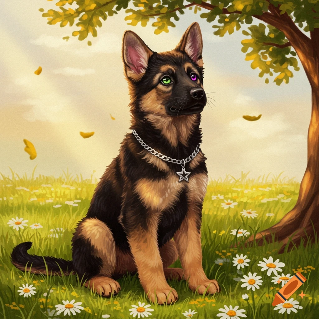 A playful German Shepherd puppy with heterochromia (green and purple eyes) wears a star chain collar, sitting in a sunny field of daisies.
