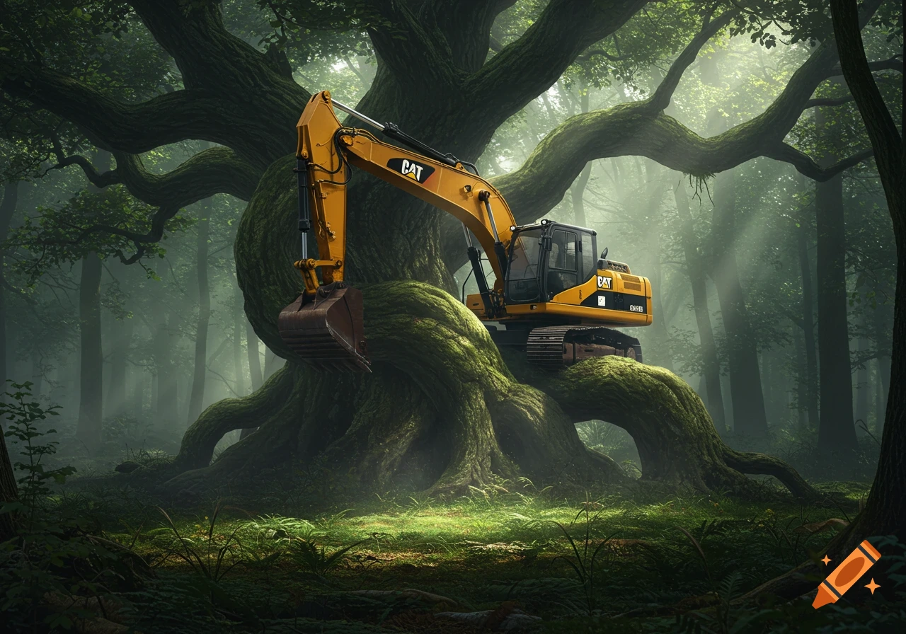A photorealistic image of a large yellow Caterpillar excavator nestled within the gnarled, moss-covered branches and roots of an ancient, massive tree in a misty forest.
