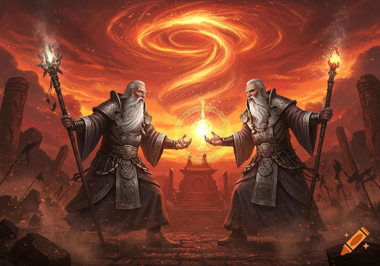 Two ancient wizards cast a glowing spell in a ruined landscape under a fiery orange sky, a magical battle scene.