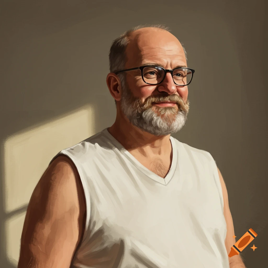 Middle-aged bald man with a beard and glasses wearing a white sleeveless shirt, standing in sunlight.