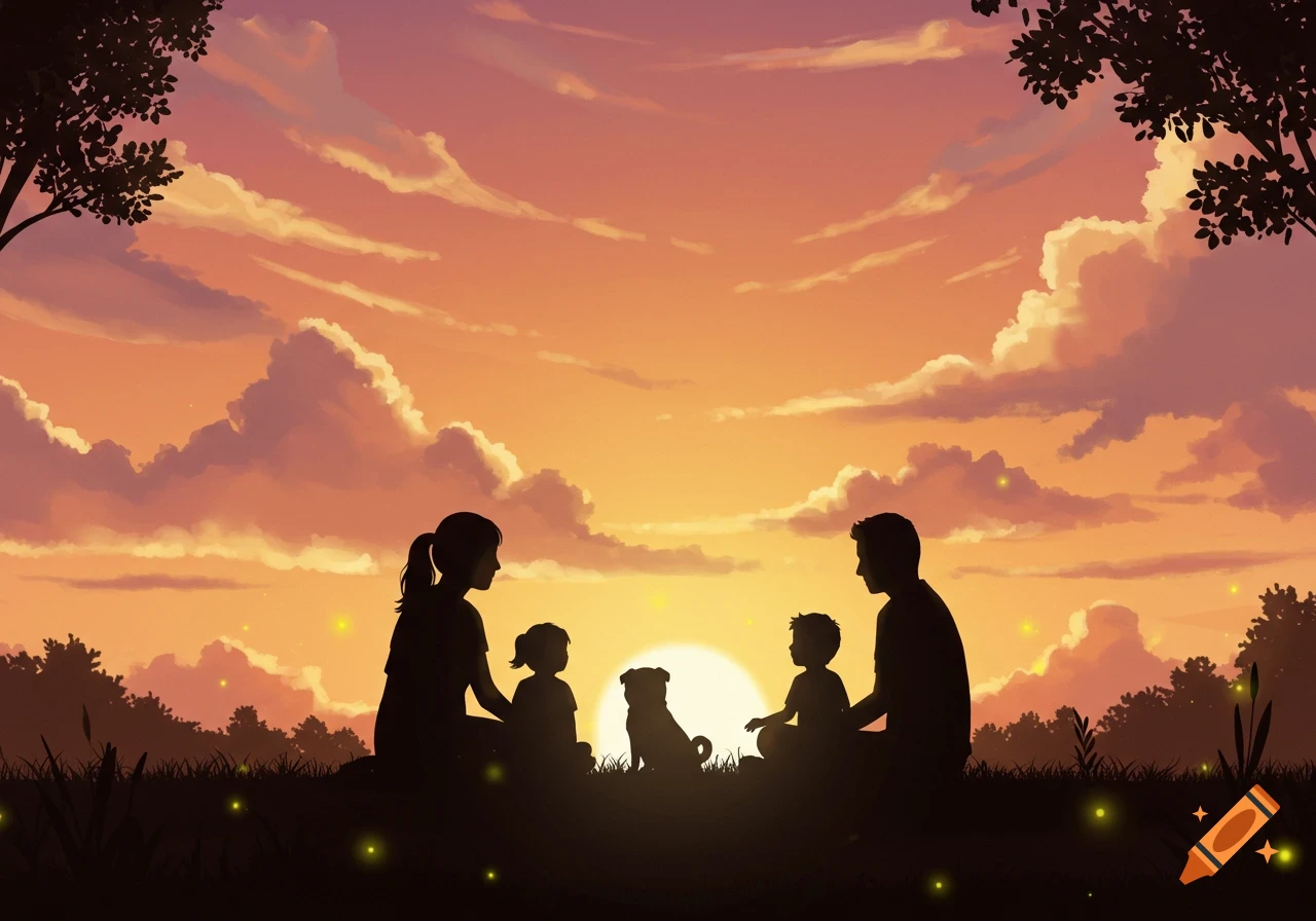 Silhouette of a family with two children and a pug dog sitting together against a vibrant sunset.