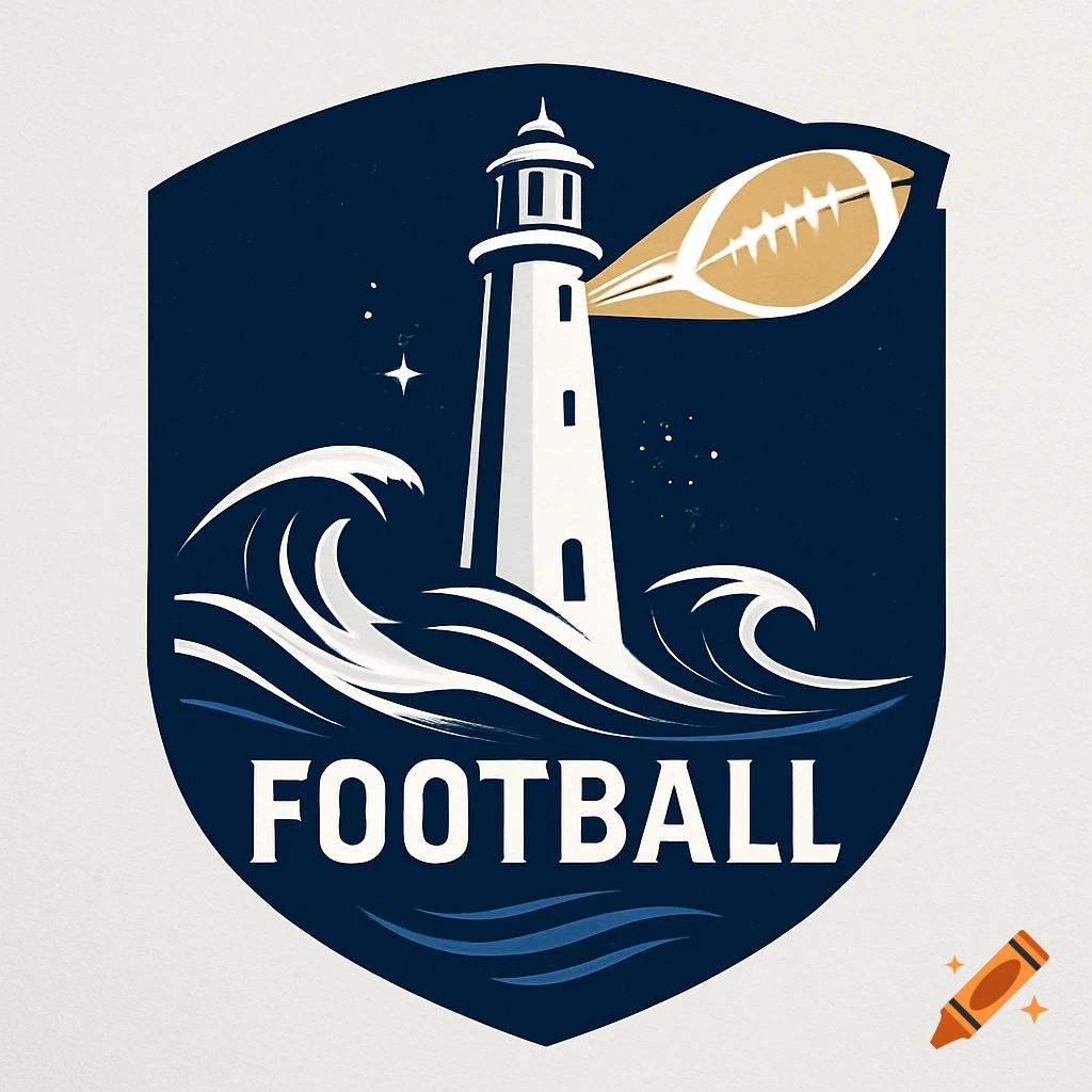 A blue and white sports logo featuring a lighthouse with a football for its light beam, standing on stylized waves, with the word 'FOOTBALL' below.