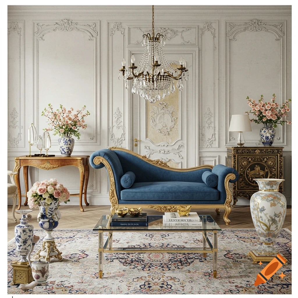 A lavish Rococo-Neoclassical living room with a blue chaise lounge, crystal chandelier, ornate furniture, and floral arrangements.