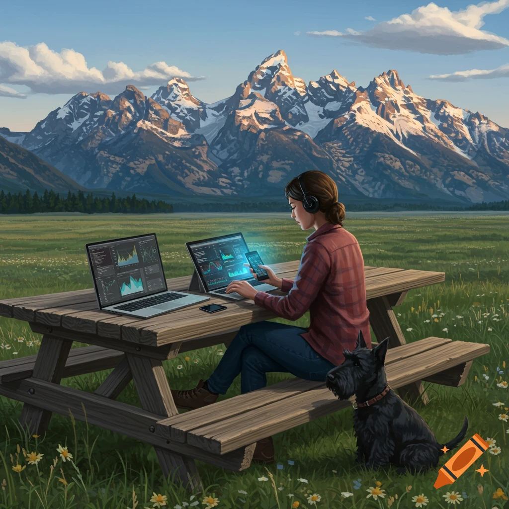 A female data engineer works on two laptops and a phone at a picnic table in a grassy field with a Scottish terrier beside her, with snow-capped mountains in the background.