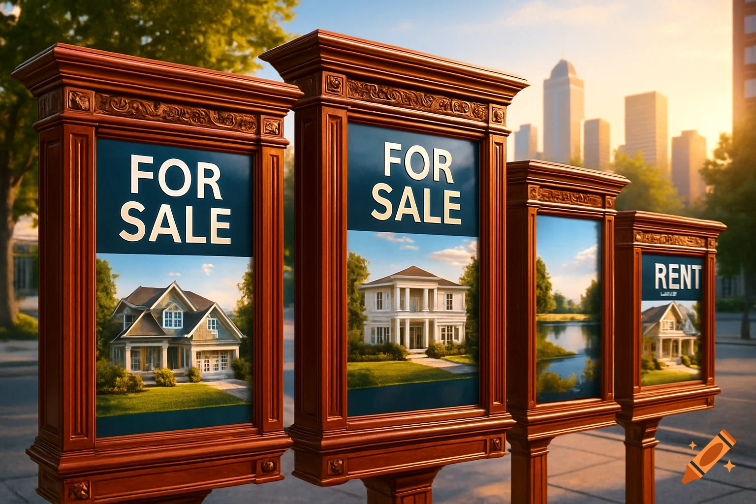 Photorealistic image of four wooden real estate signs with houses and 'FOR SALE' and 'RENT' text, set against a cityscape.
