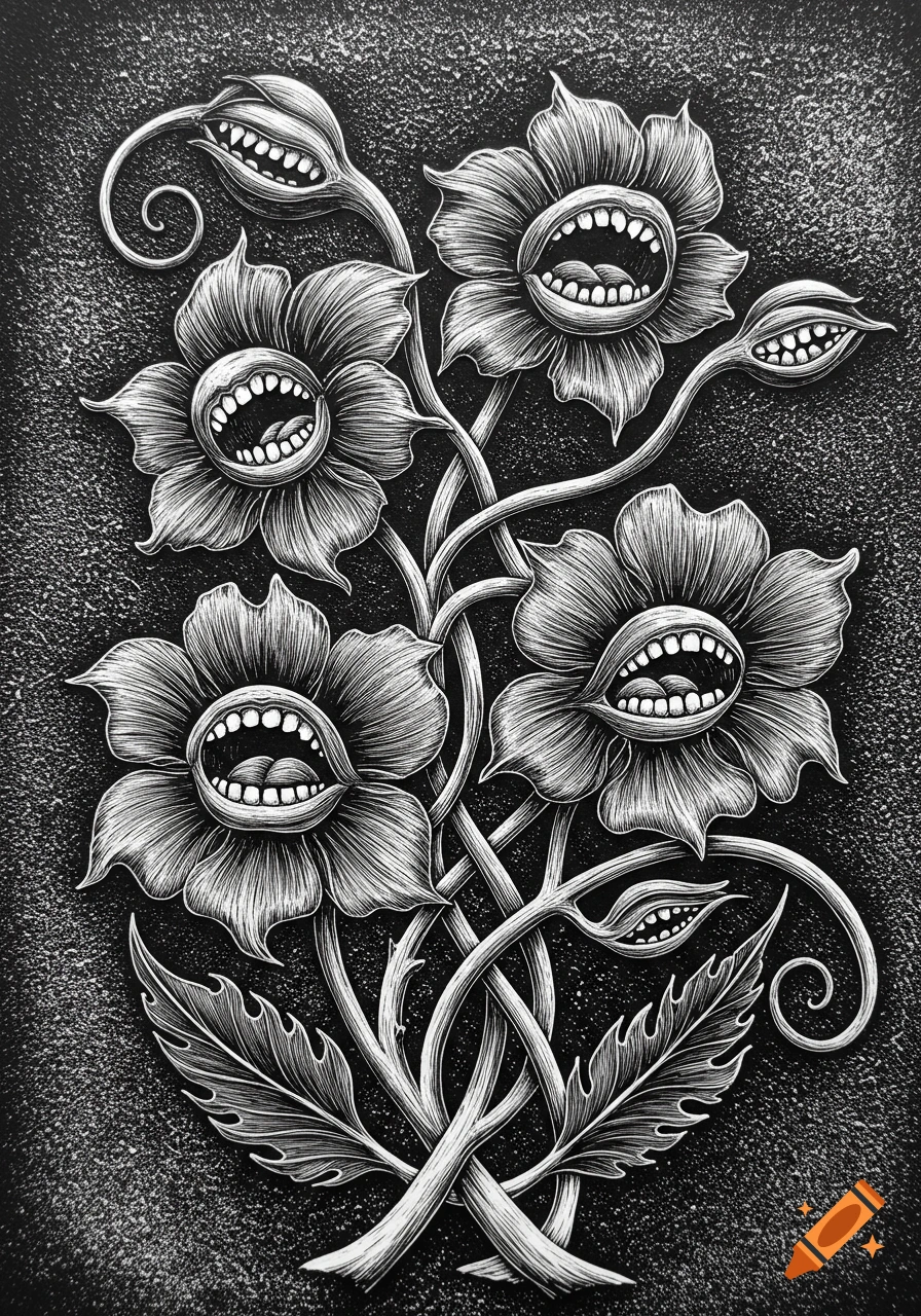 Black and white relief print of surreal flowers with human-like mouths and teeth.