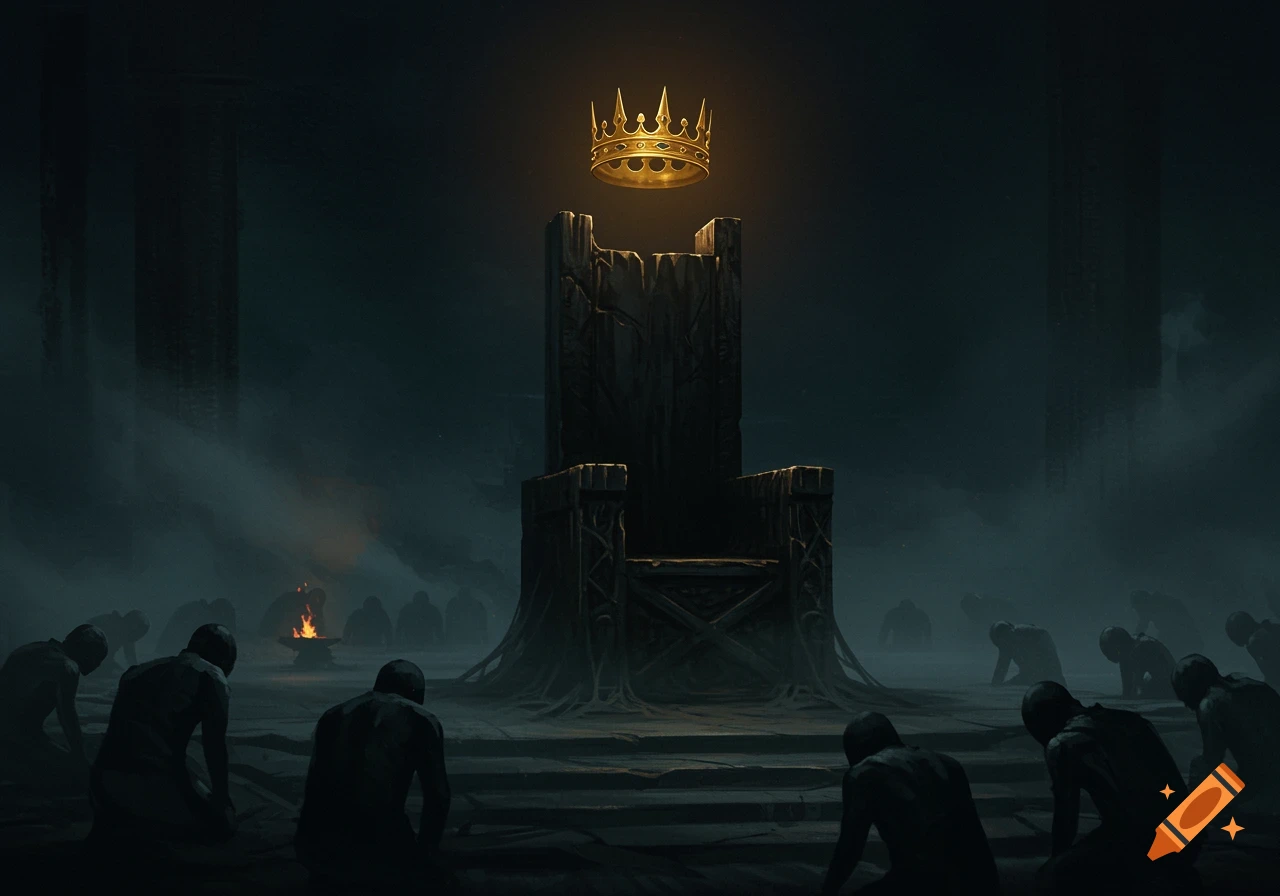 A golden crown hovers above a dark, imposing throne with shadowy figures kneeling in misty gloom and a small fire burning in the background.