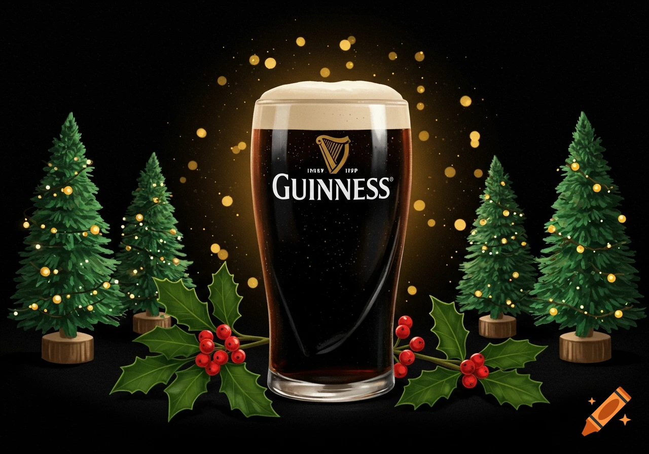 A pint of Guinness beer with a frothy head, surrounded by small Christmas trees and holly with red berries, all on a dark background with sparkling golden lights.
