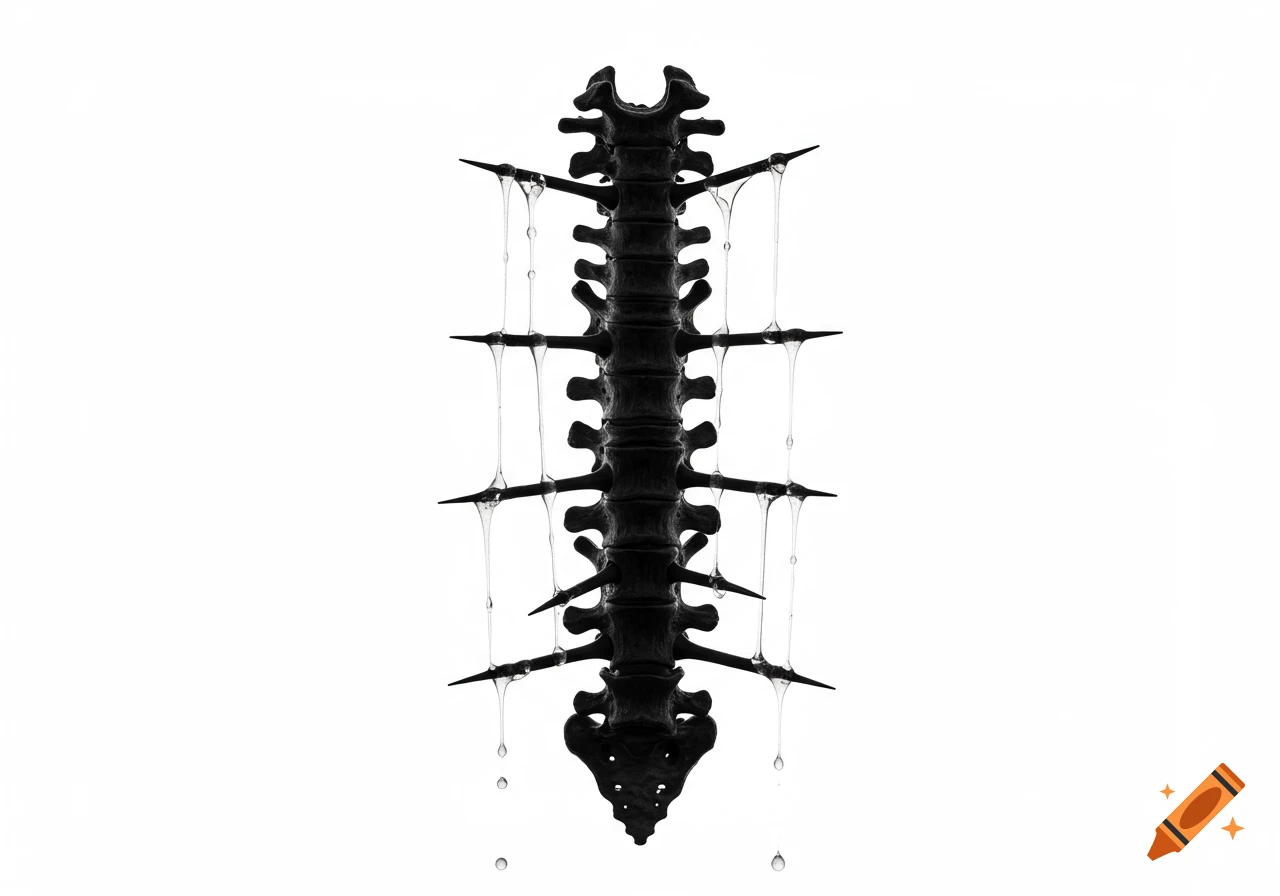 Symmetrical black and white art of a stylized skeleton spine with pointy black spikes and stringy white liquid dripping against a white background.