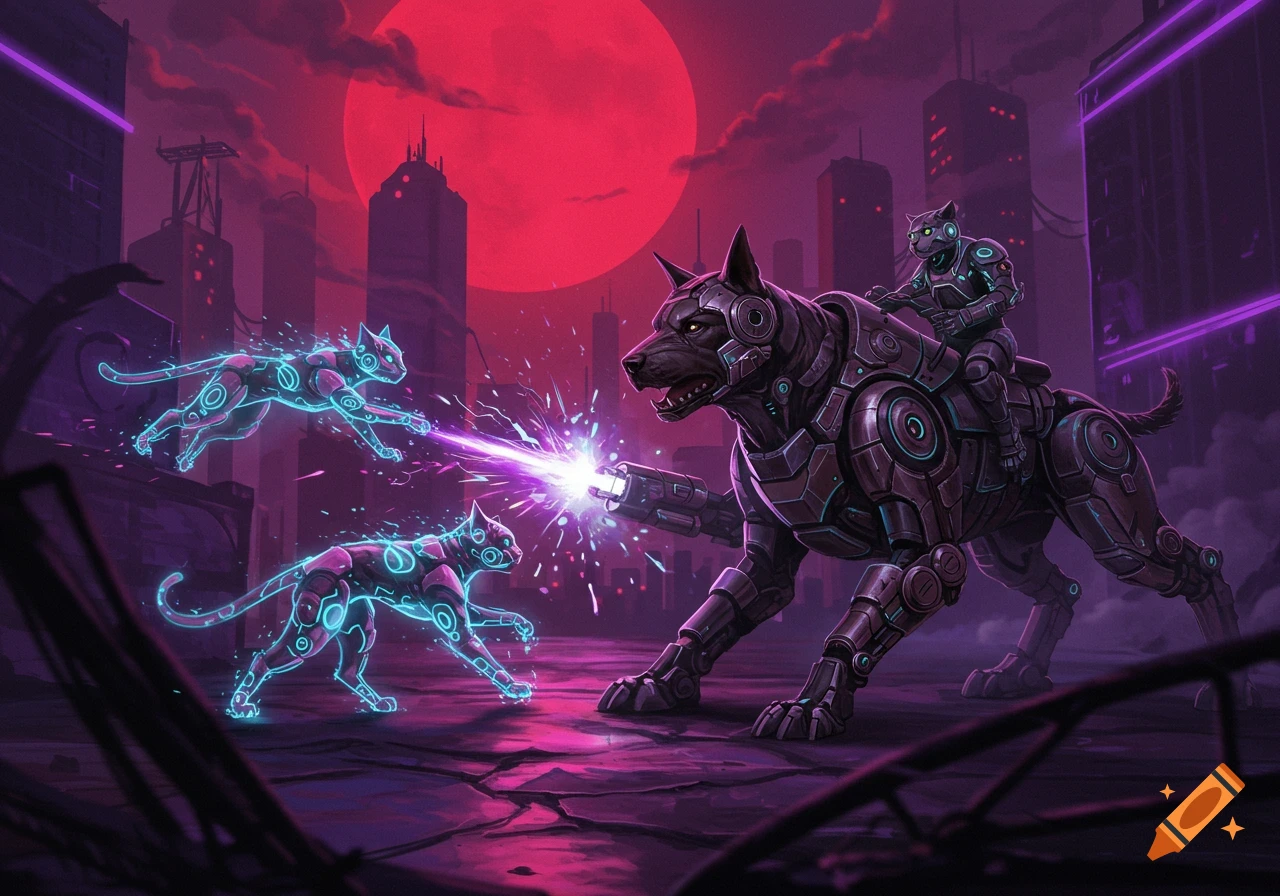 A large robotic dog battles two glowing cats in a cyberpunk city under a red moon, with a third cat riding the dog.